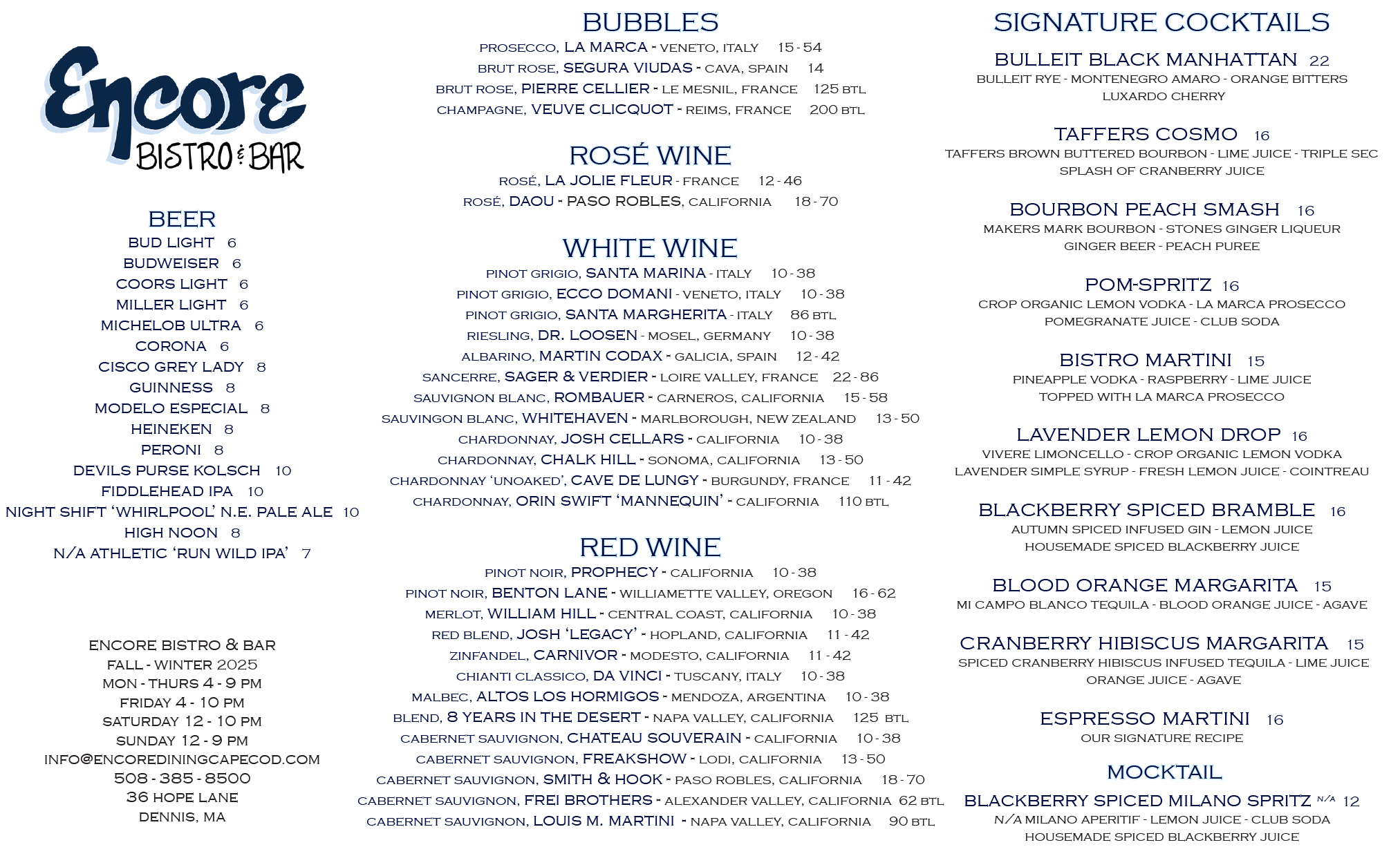 Encore Dinner menu Dennis MA