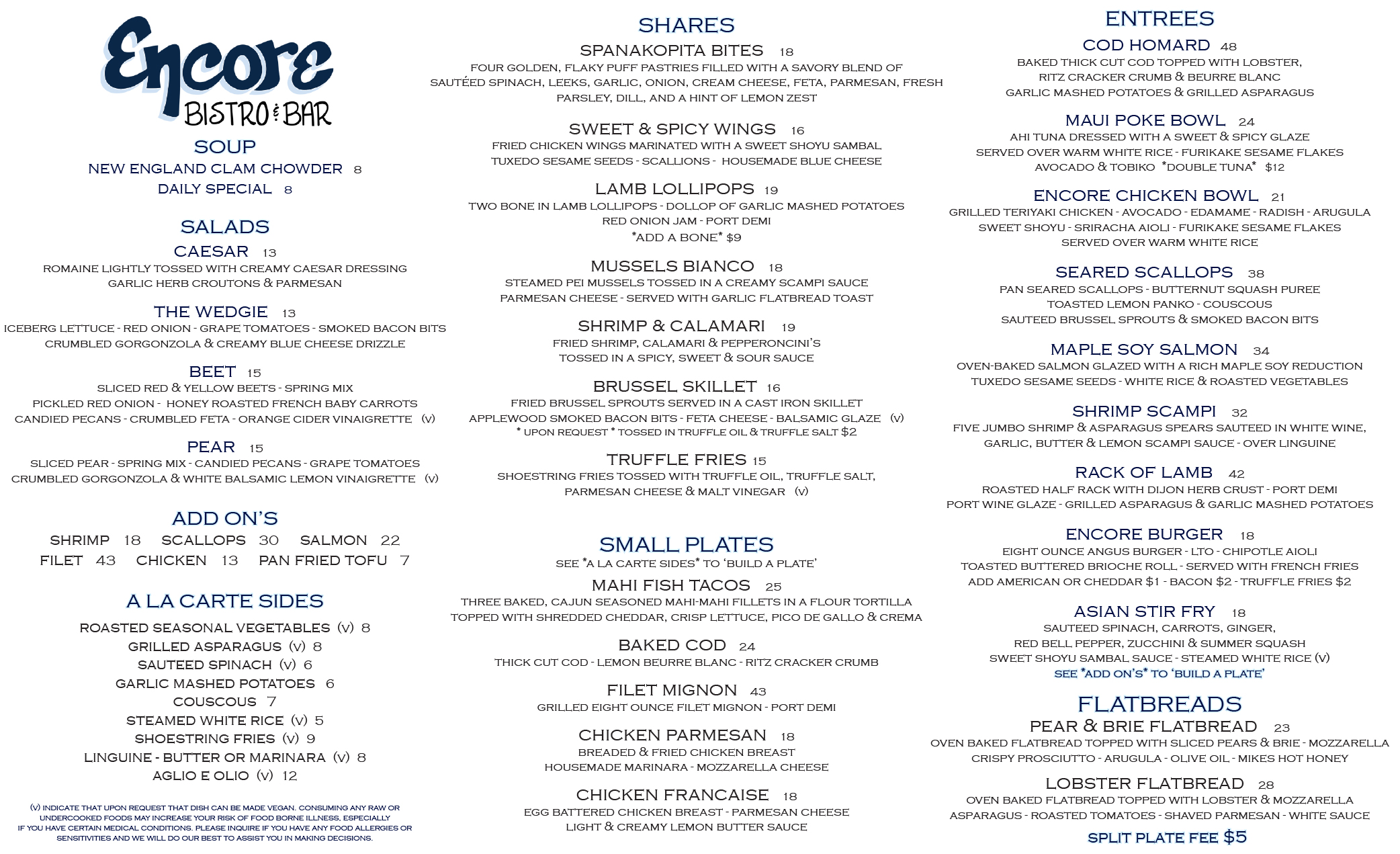 Encore Dinner menu Dennis MA